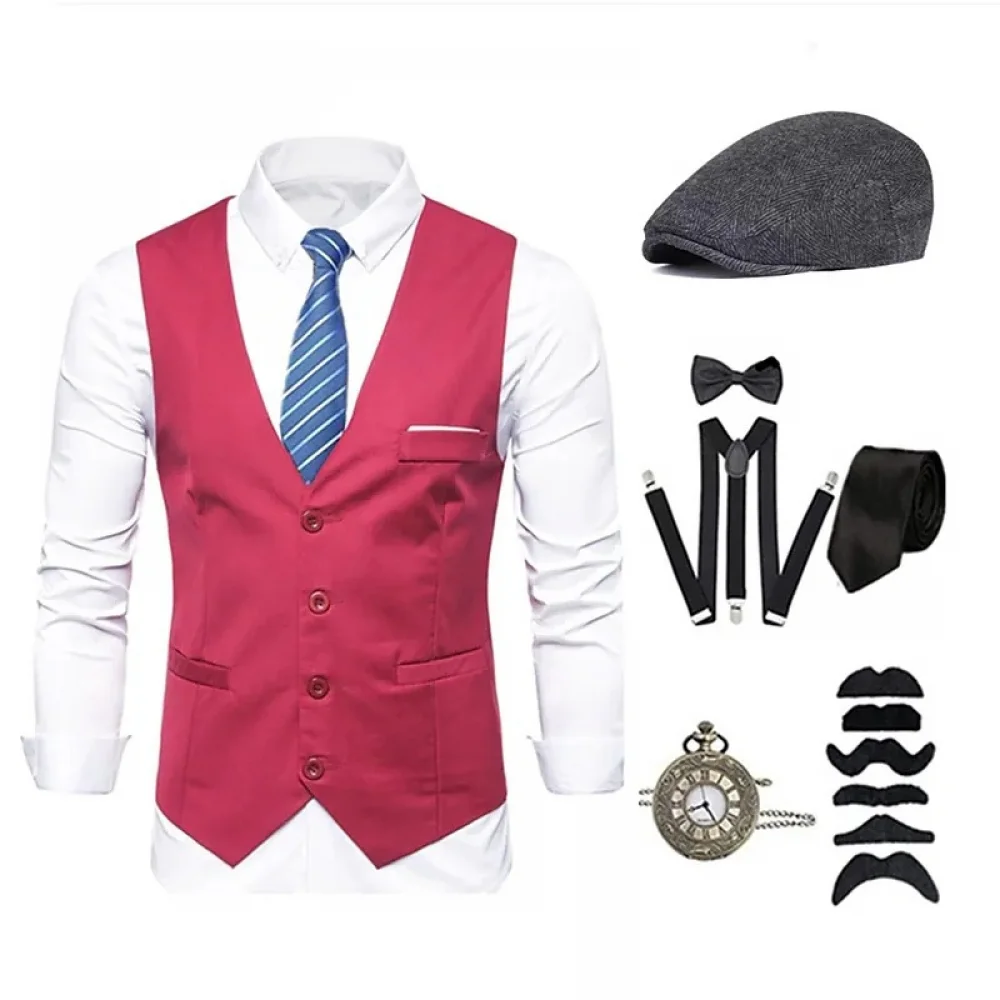 Zestaw akcesoriów do kostiumów męskich z lat 20., kamizelka gangsterska Kapelusz Fedora Szelki Strój 20. Odzież męska