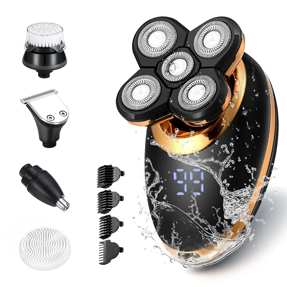 

Electric Shavers for Men: 5-in-1 Cordless Rotary Razor, Waterproof Wet/Dry with LED Display
