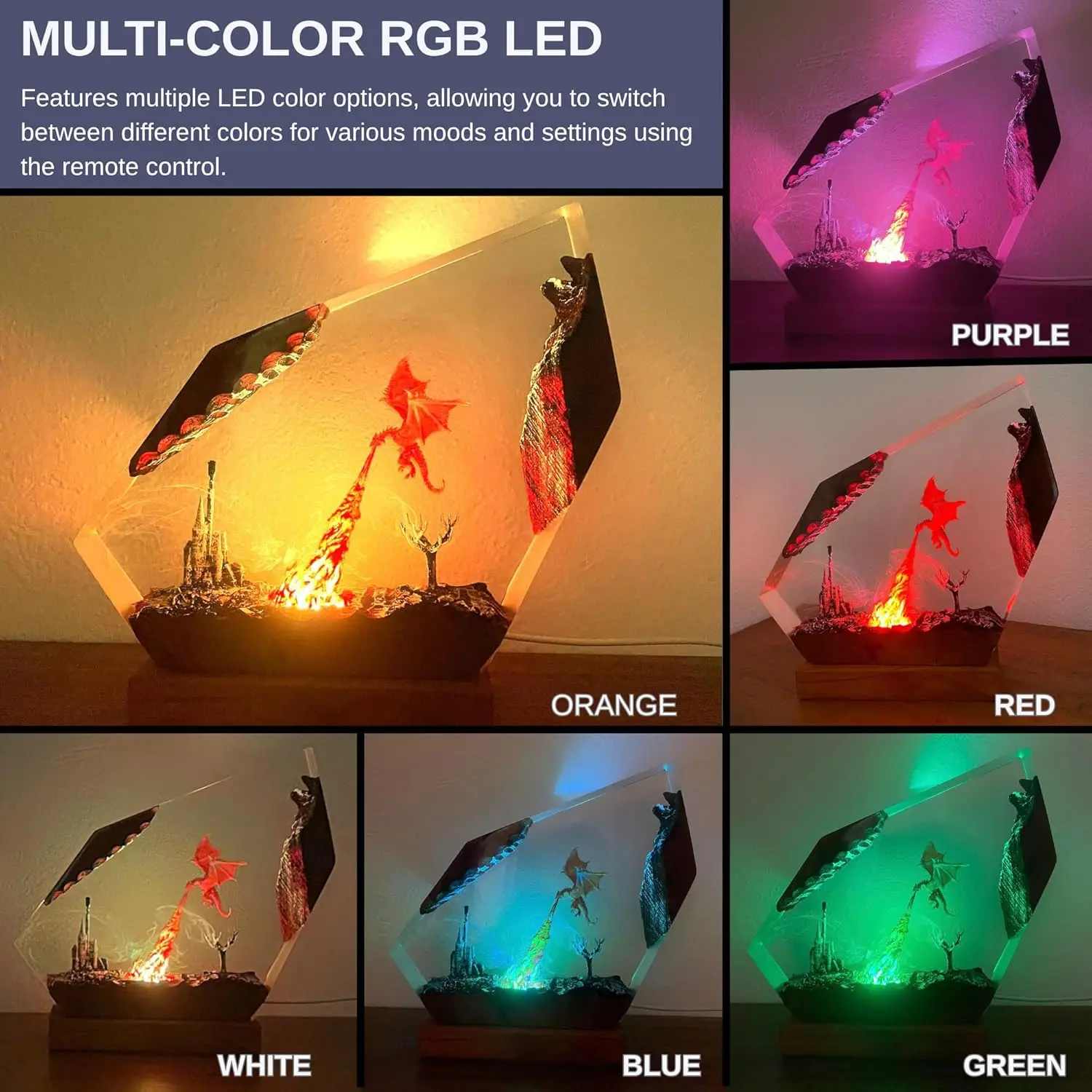 Fantasy Dragon Resin Lamp with 16 Color LED, USB Powered Night Light on Wooden Base & Remote, Handmade Gift for Holidays