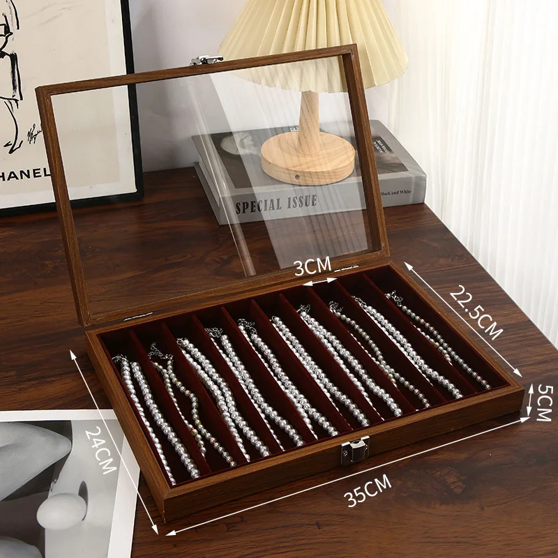 Walnut Wooden Jewelry Storage Box with Lid Dustproof Necklace hick Neck Chain Display Case Transparent Jewelry Organizer