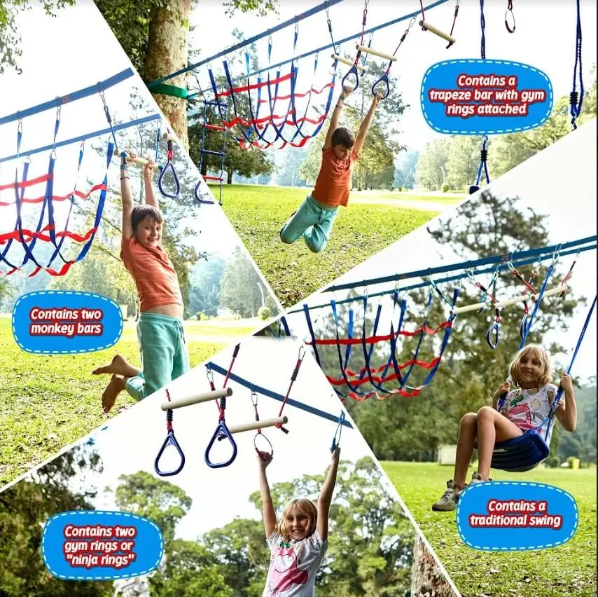 Things Double Slackline Obstacle Course for Kids | 110 Foot Line Ninja Warrior Obstacle Course Patented Double Line Desig