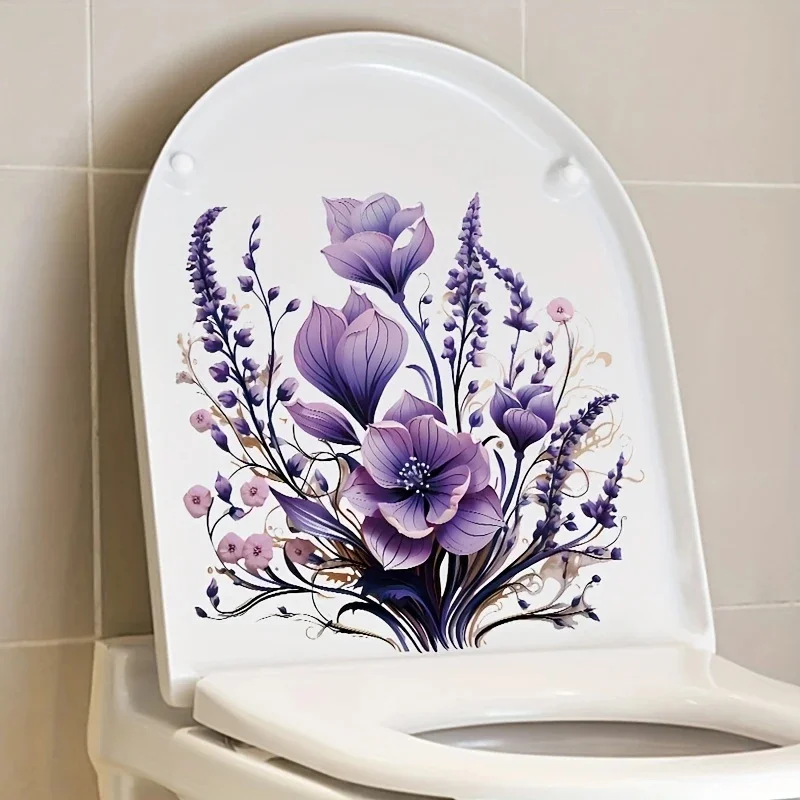 MT1315# Purple Flower Waterproof Self-adhesive Toilet Sticker, Self-adhesive Bathroom Home Decoration Wall Sticker,