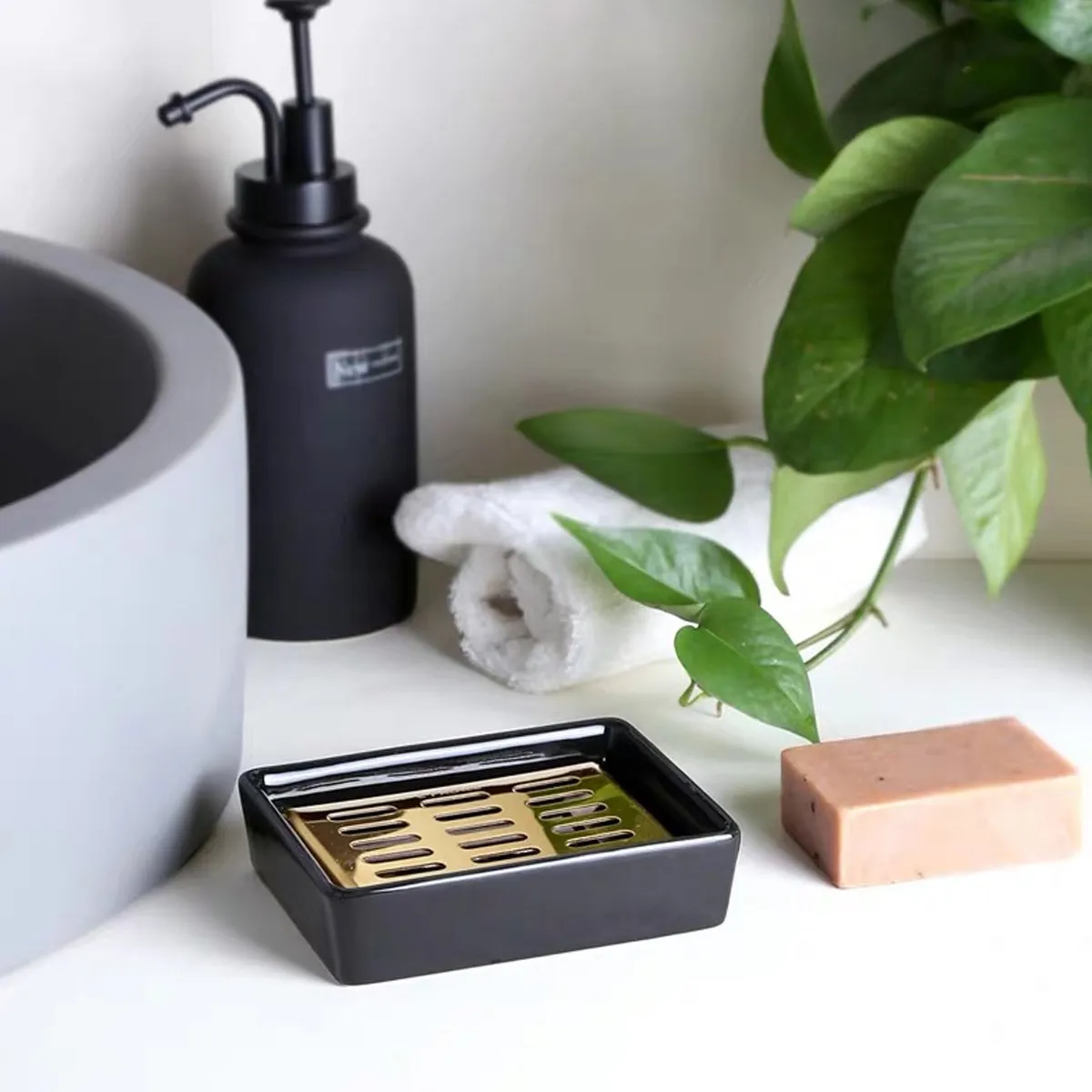 

Black Ceramic Double Soap Box with Golden Stainless Steel Drain Grid Easy Clean Soap Holder for Bathroom Kitchen Home Decor