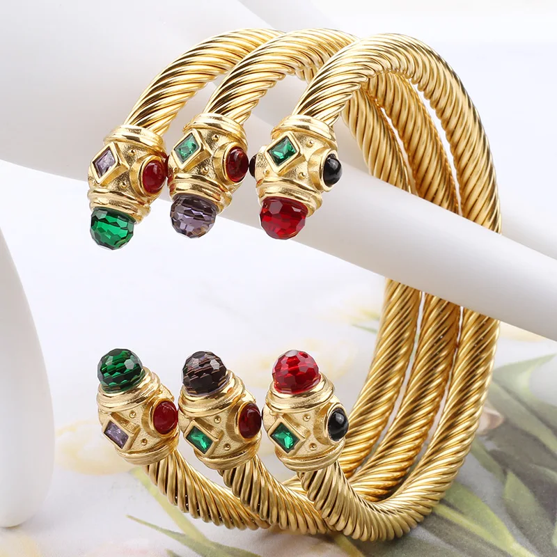 Vintage Style Titanium Cuff Bracelet with Colorful Rhinestones for Women