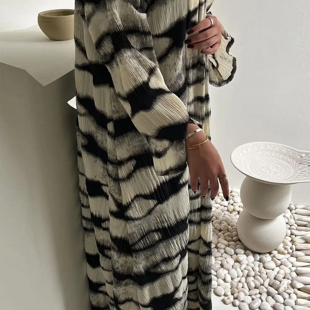 Dubai Printed Pleated Abayas for Women 2025 Eid Ramadan Kimono Cardigan Muslim Dress Marocain Kaftan Islamic Jalabiya Robe Gown