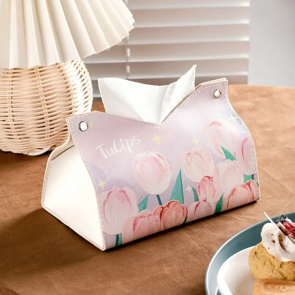 High Quality Oil Painting Tissue Case with Buttons Smooth Napkin Holder Leather Printing Paper Towel Box Home