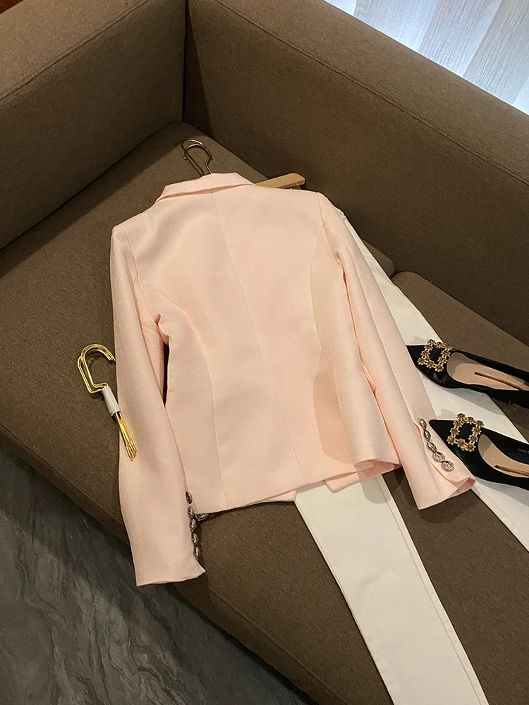 Faionable lichtroze damespak Jaet Commute Sle Slim Fit Lange Sve jas met knoopdetail en normale lengte