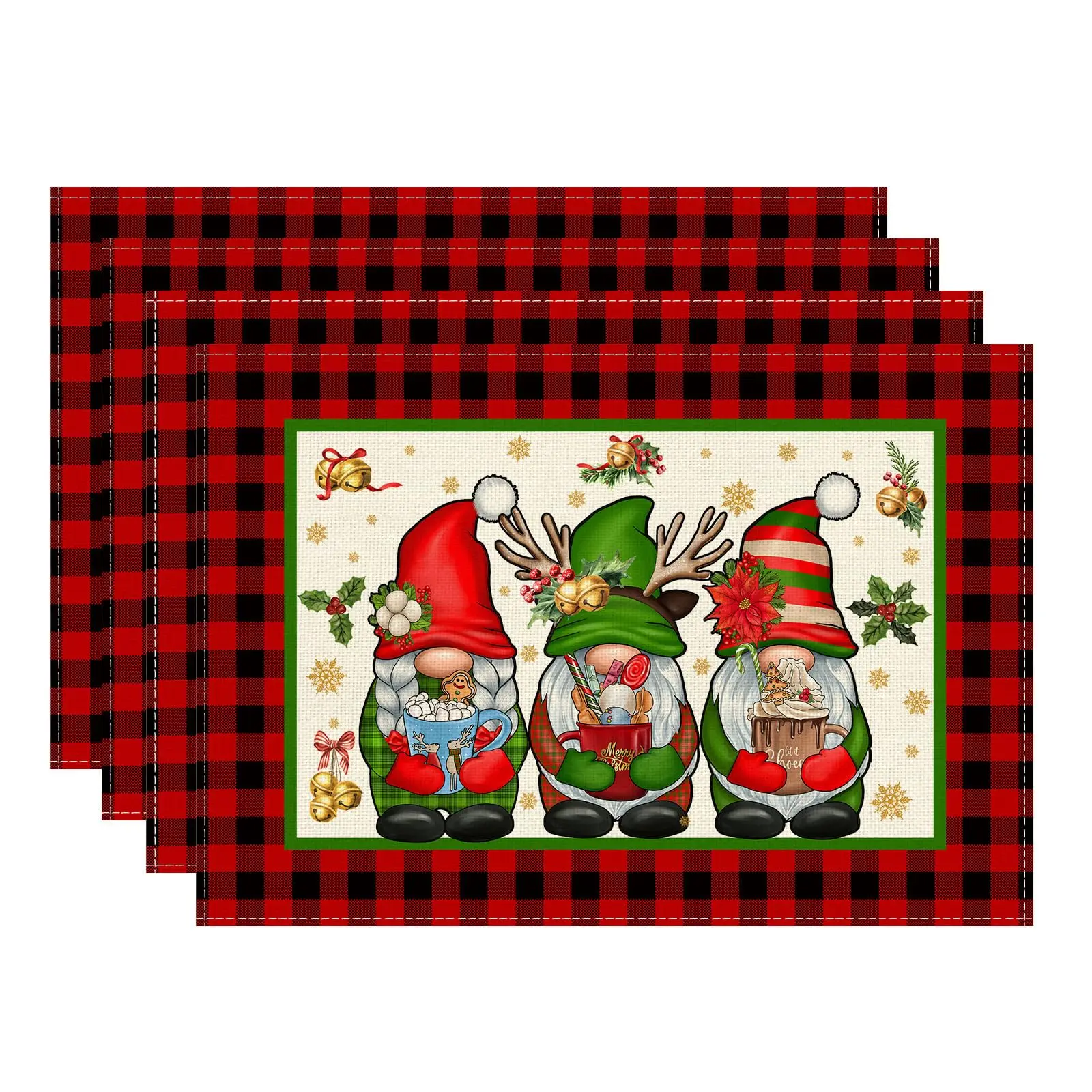 

Red Buffalo Plaid Gnome Bell Christmas Winter Xmas Placemats Table Mats for Party Home Kitchen Dining Table Decor 12x18 Inch