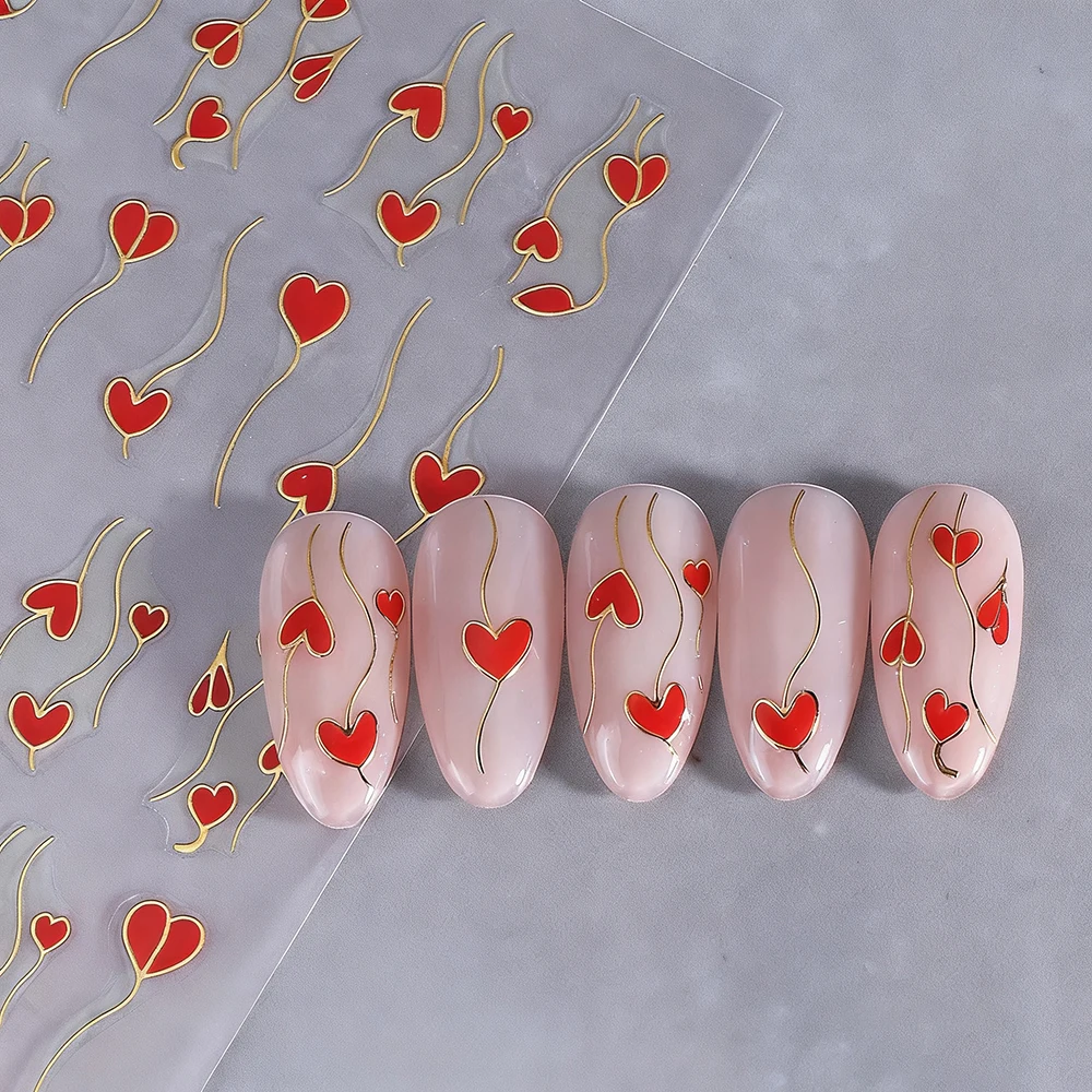 1 ورقة الأحمر الحب القلب بالون ثلاثية الأبعاد مسمار الفن ملصقات بريق مخطط الحب القلب مطبوعة لطيف عيد الحب القلب مانيكير ملصقات فنية
