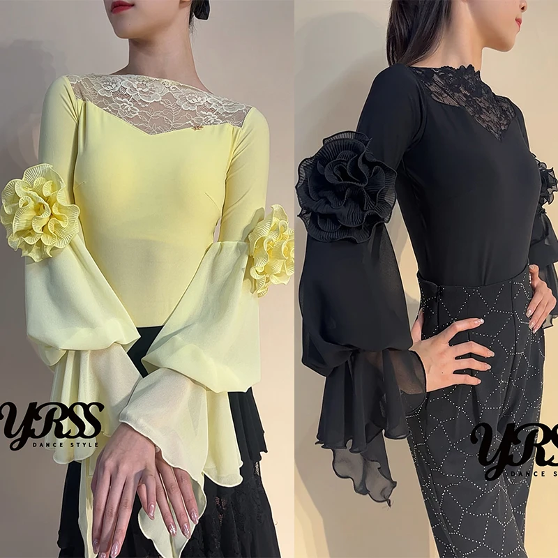 Waltz Dance Clothes Ballroom Dance Performance Tops Lace Flowers Yellow Black Bodysuit Club Tango Salsa Dance Practice Clothing