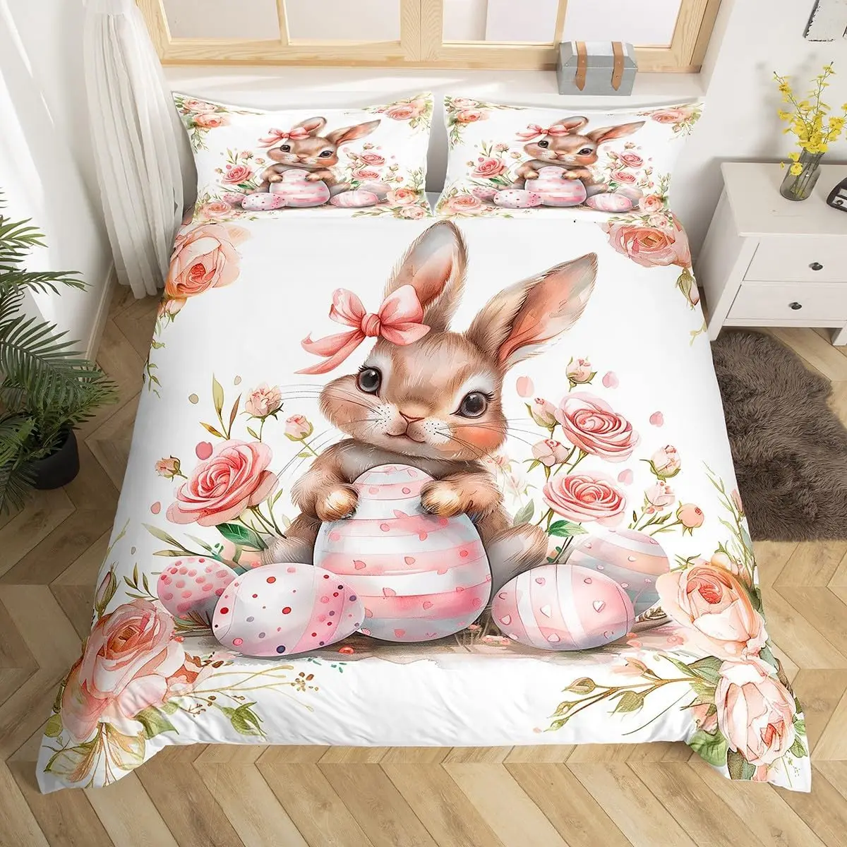 Easter Rose Rabbit Duvet Cover Cute Bunny Happy Easter Bedding Set Full for Kids Boys Girls,Rustic Flower Animal Comforter Cover