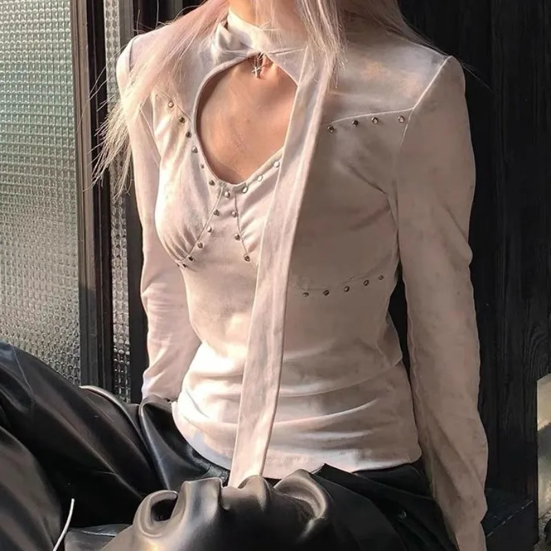 ديبتاون Y2k مثير خمر الجوف خارج المرأة تي شيرت الجمالية الدانتيل يصل برشام طويلة الأكمام الكورية موضة الجرونج تيز سليم جيارو #2