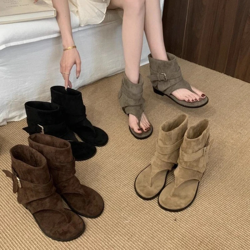 

2026 Retro Ankle Boots, Toe Ring Strap Platform Sandals Versatile Inner Elevator Shoes New Arrival