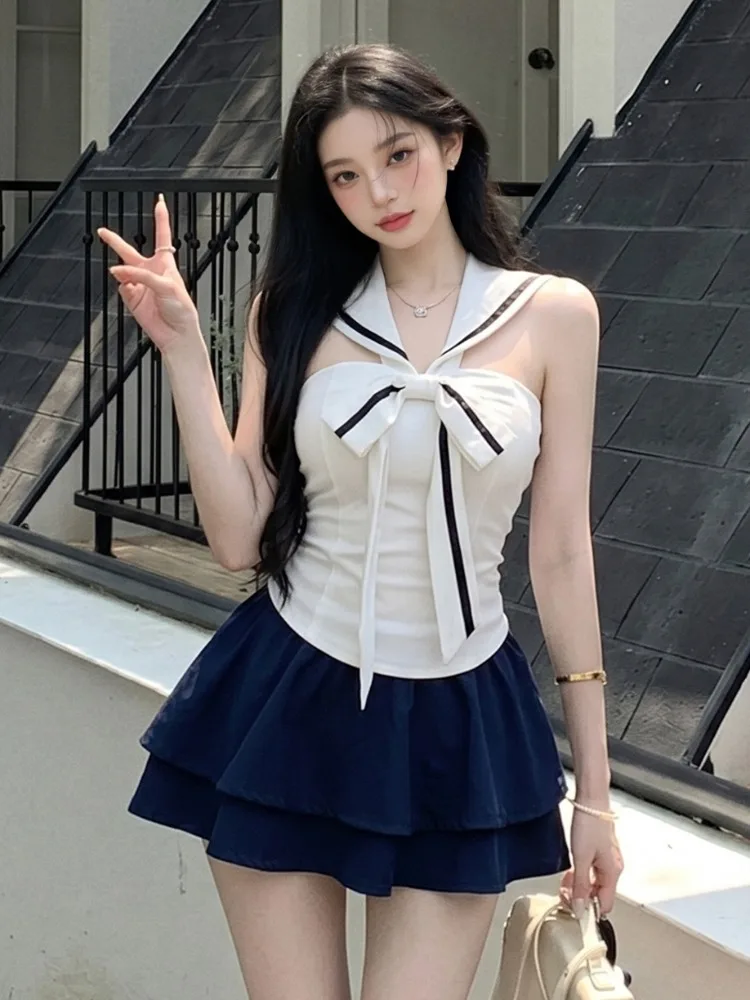 

Sweet College Style Navy Collar Bow Tie Slim Fit Top Women Summer High Waist Half Skirt Two Piece Set Fashionable A-Line Skirt