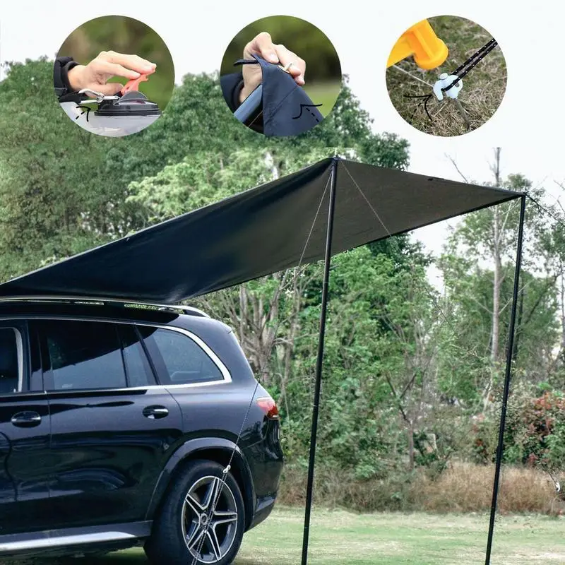 Car Side Tarp With Pole Rope Peg Suction Cup Set Outdoor Camping Tent Tarp Sun Shelter Waterproof Car Awning Roof Rack Sun Shade