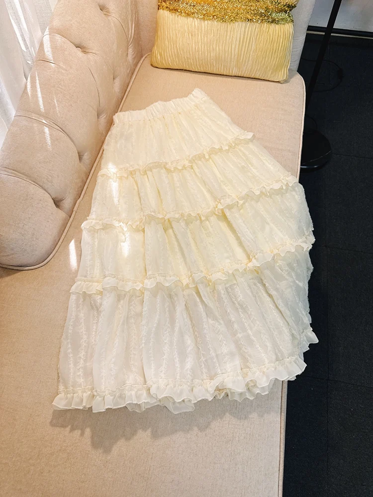 Romantic Lace Elastic High Waist A-Line Maxi Skirt Ele Full Length Holiday Versatile Long Skirt f Body Skirt