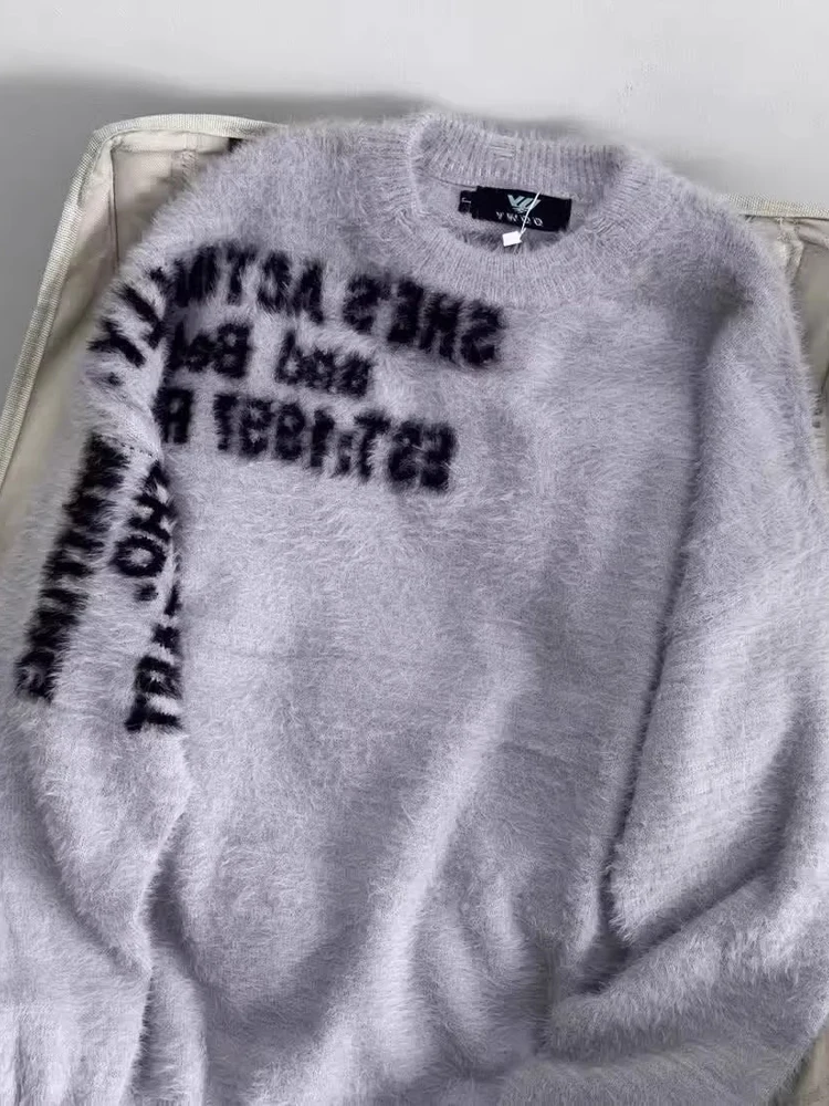 الأمريكية Sle محبوك المنك طوق جولة Ne سترة الرجال الخريف العصرية العلامة التجارية الإبداعية المطرزة رسالة فضفاضة زوجين متماسكة... #3