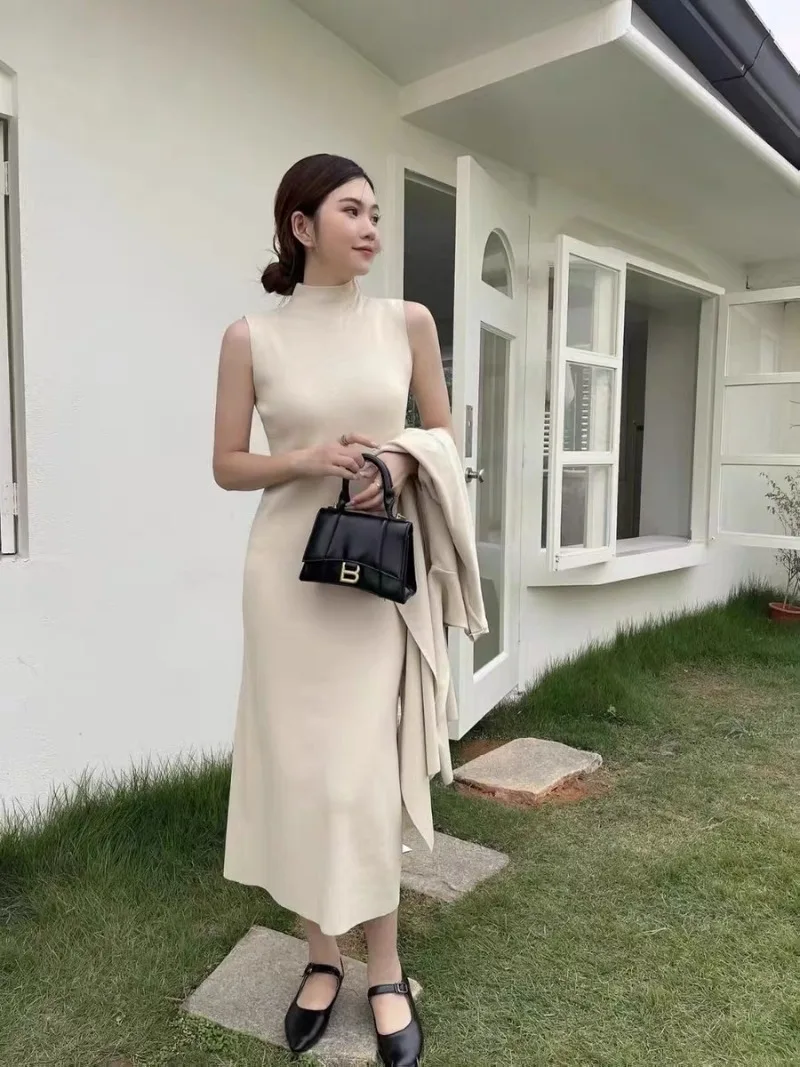 Setelan kardigan rajut wanita, setelan baju kardigan panjang lengan rajut musim gugur dan dingin, set 2 potong Vintage baru + gaun kamisol kerah tinggi setengah