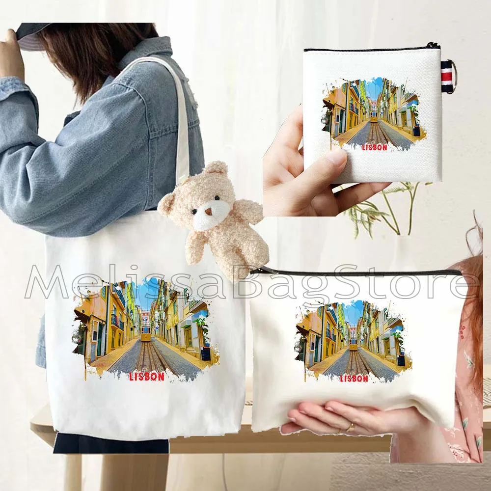 4PCS Gifts Set lisbon Portugal White Canvas Tote Bag Handbag with Doll Key Coin Purse Cosmetic Makeup Toilet Bag Case Pouch
