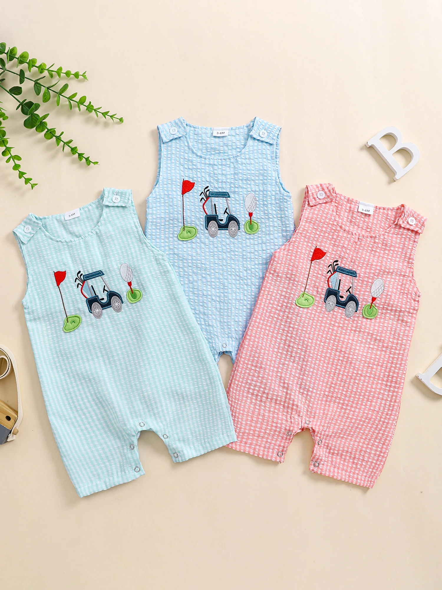 Baby Girls Summer Romper Sleeveless Round Neck Golf Elements Pattern Embroidery Jumpsuit