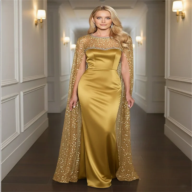 Abito da ballo a sirena/tromba tubino/colonna lungo fino al pavimento con mantella abito da sera abito formale elegante scintillante maniche scintillanti