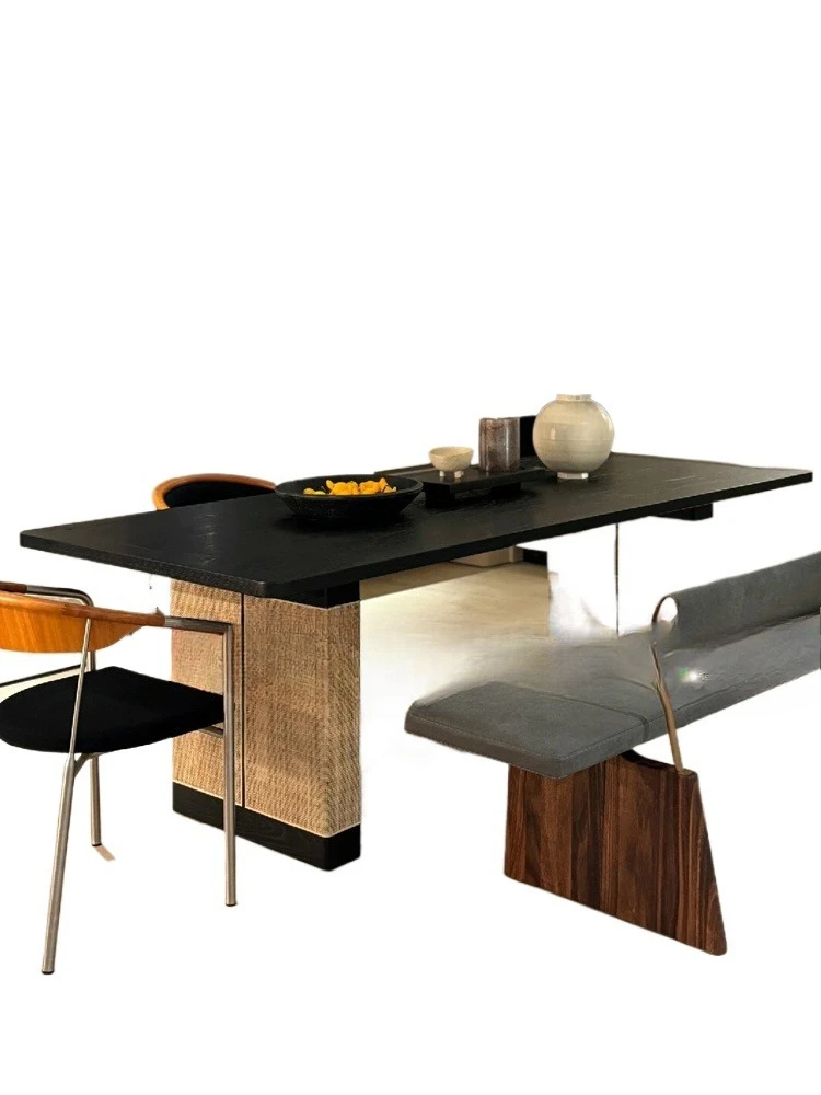 

Solid wood braided rattan dining table retro black designer creative artist household rectangular dining table