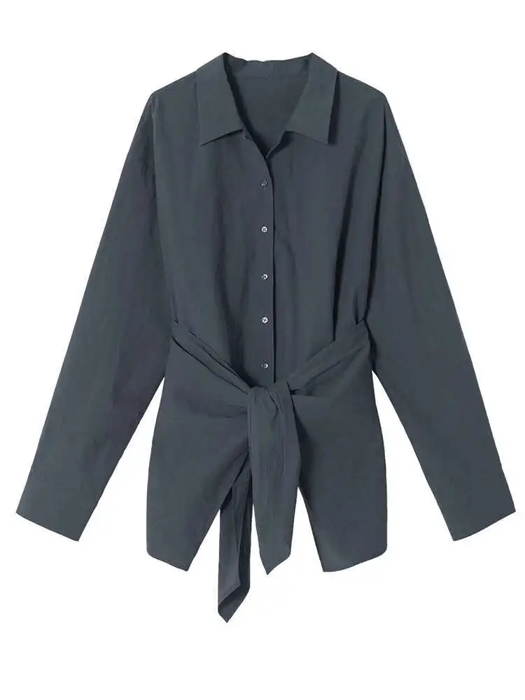 KWTX Fashion Designer Bandage Gathered Waist Shirts For Women Lapel Single Breasted Fit Female Blouses Fashion Tops 2025 New