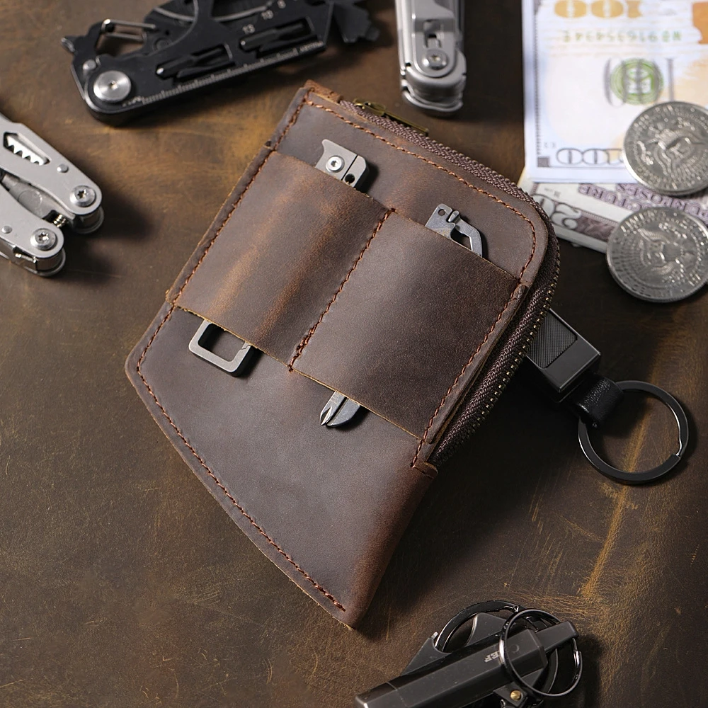 pocket EDC tools accessories geniue leather storage bumbag bag cowhide mini purse wallets holders for coins hardware man gift