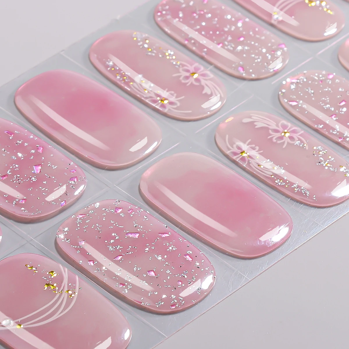 16Tips Glitter Flowers Gel Nail Strips Full Cover Aurora Cherry Blossoms Baking-Free Gel Nail Sticker DIY Manicure Decoration