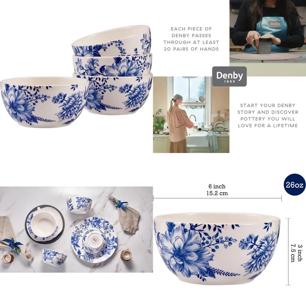 

blue floral haven ceramic cereal bowls set of 4, 26oz, for pasta, salad, cereal, soup & microwave & dishwasher safe