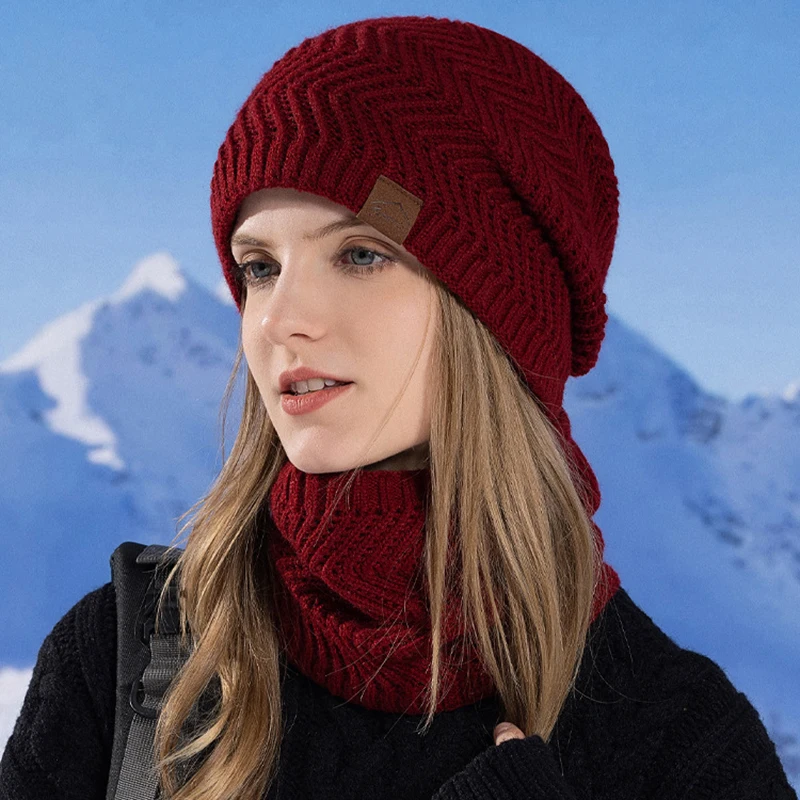 Зимние вязаные шапки для женщин, теплые шапки, утолщенные шапки Skullies, шапки, уличная лыжная шапка с защитным шарфом