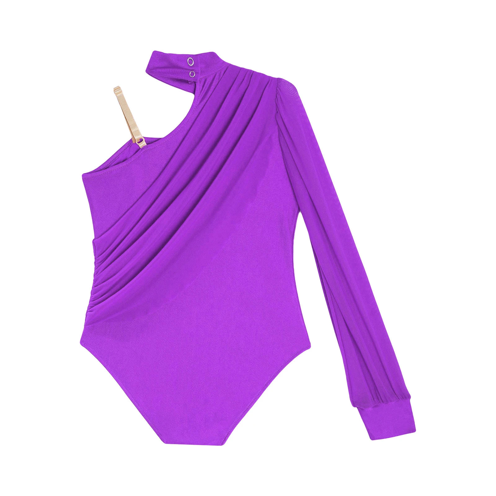 Girls Gymnastics Bodysuits Children Jumpsuit One Shoulder Yoga Skating Jumpsuits Ruched Mesh Long Sleeve Ballet Dance Leotard