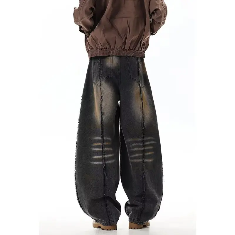 2025 الأمريكية الرجعية Y2K الشارع الشهير القذرة غسلها فضفاض مكدسة الجينز السراويل للرجال الملابس مستقيم سراويل جينز مودا Hombre