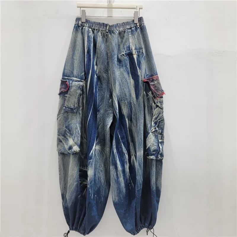 Personalized Trendy Cool Cargo Pants Multi Pockets Casual Harem Denim Pants All-match Spring Summer Straight Wide Leg Jeans