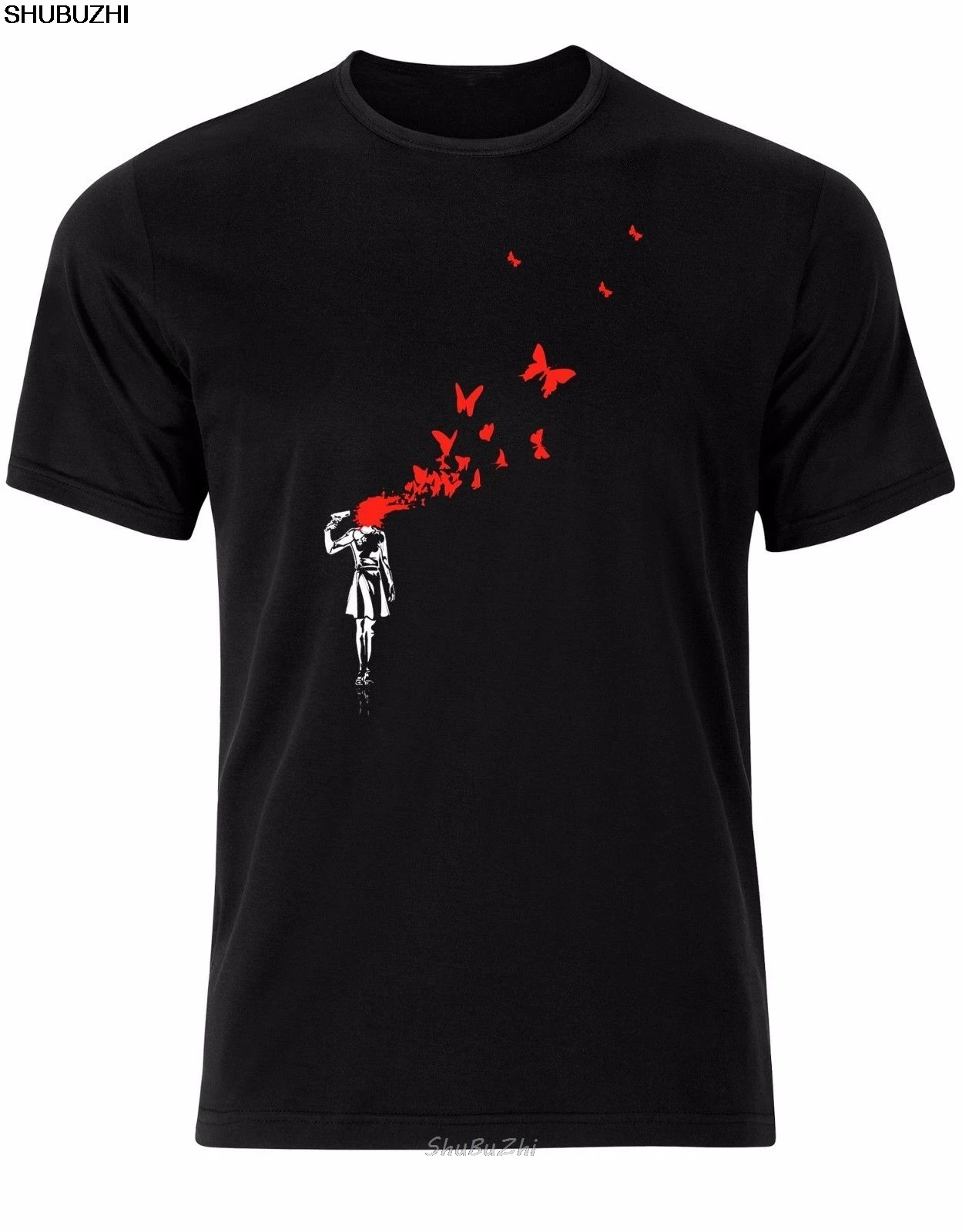 Banksy Girl Blowing Brains Out Red Butterflies Street Art Men Tshirt Top AL97 Cool Casual pride t shirt men Unisex New sbz3043