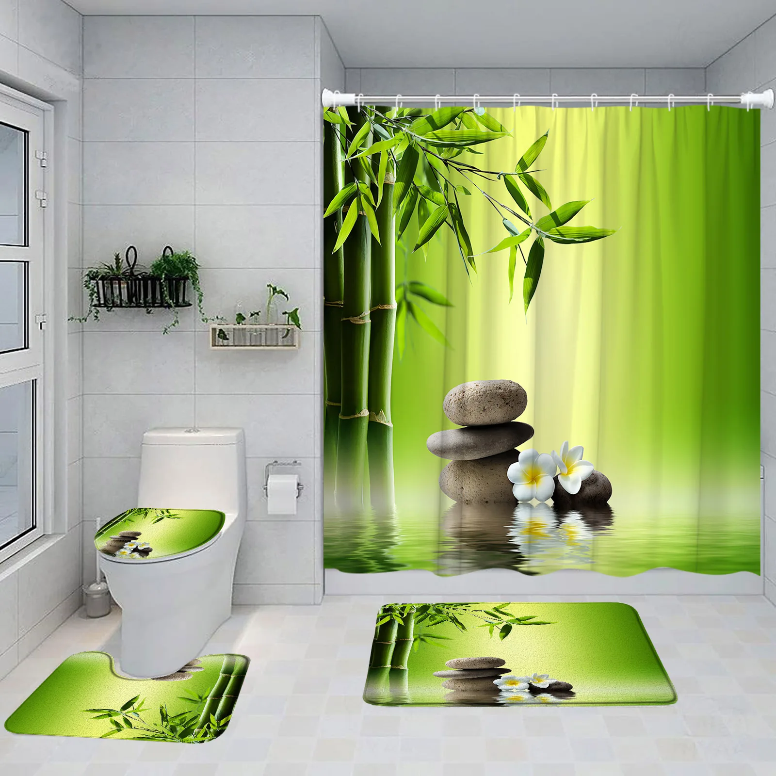 Green Bamboo Zen Bathroom Curtain Set Black Stone Lotus Candle SPA Curtain Bath Decoration Bathtub Mat Home Rug Toilet Lid Cover