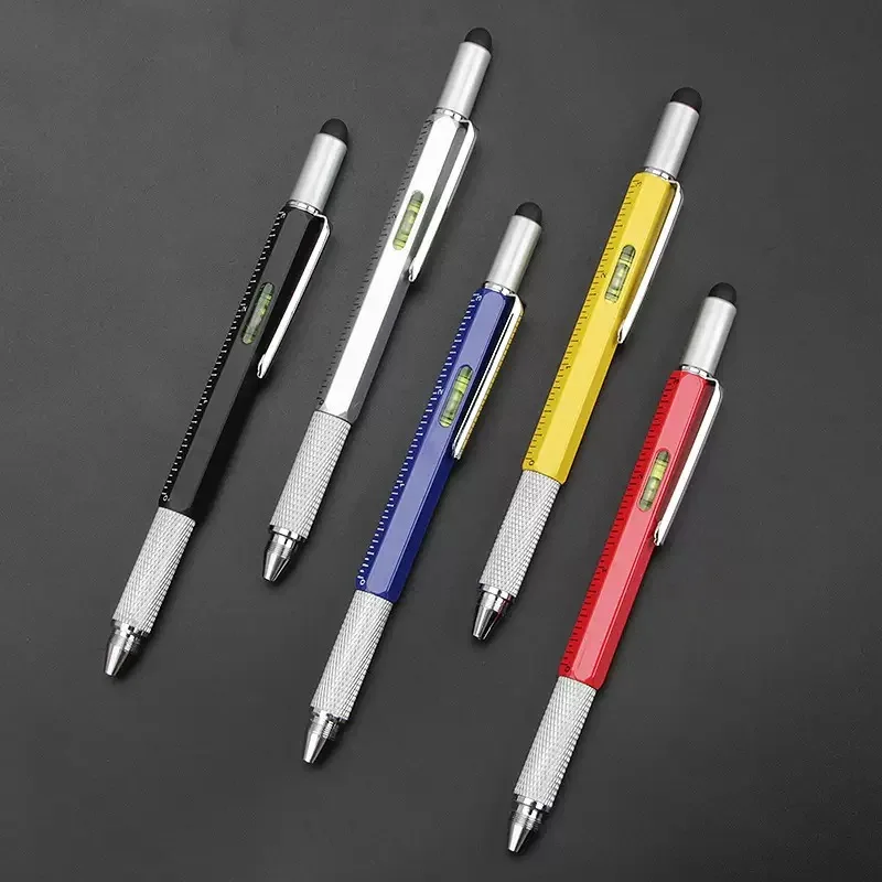 5Pcs Multifunctional Metal Pen Tool Pen Six-In-One Scale Ruler Screw Level Gauge Ballpoint Pen