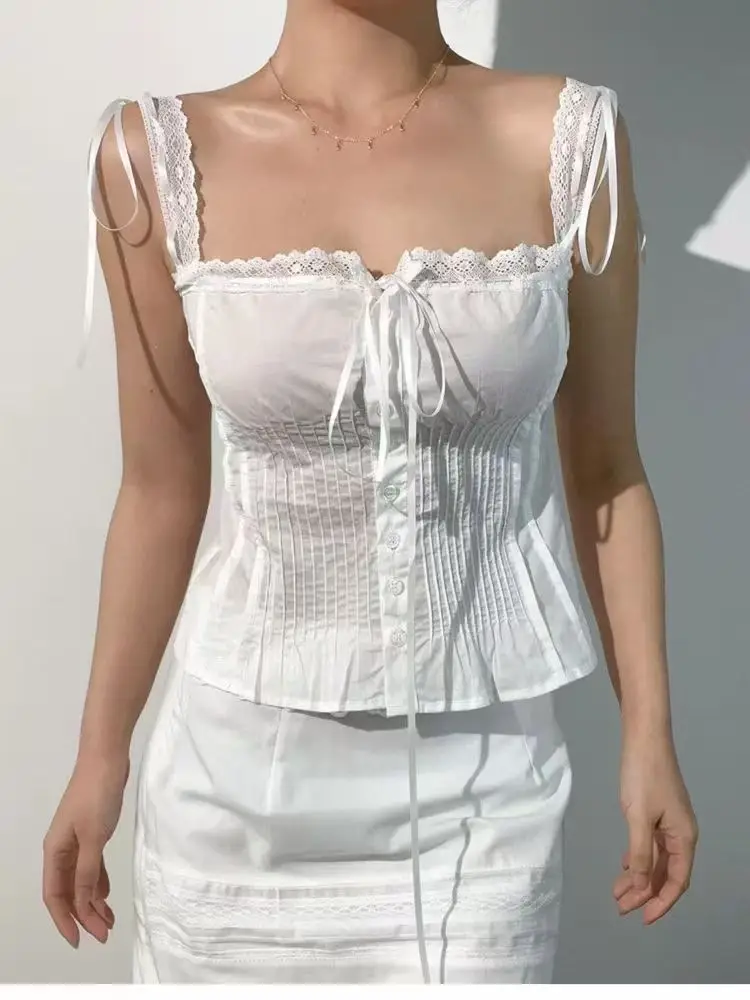 Korean Pure White Lace Vest Women Summer Tanks Bow High Waist Sexy Fashion Top Y2k American Sexy Slim Backless Short Top