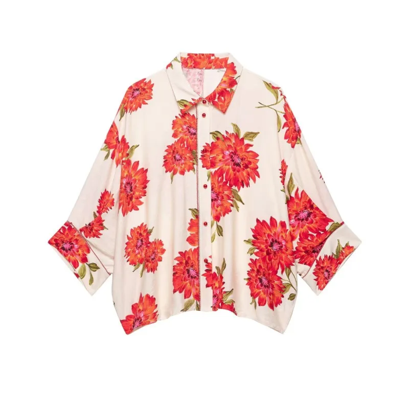 Women's New Floral Printed Shirt 2026 Summer Turn Down Collar Long Sleeve Lace Trims Blouses Simple Loose Female Top