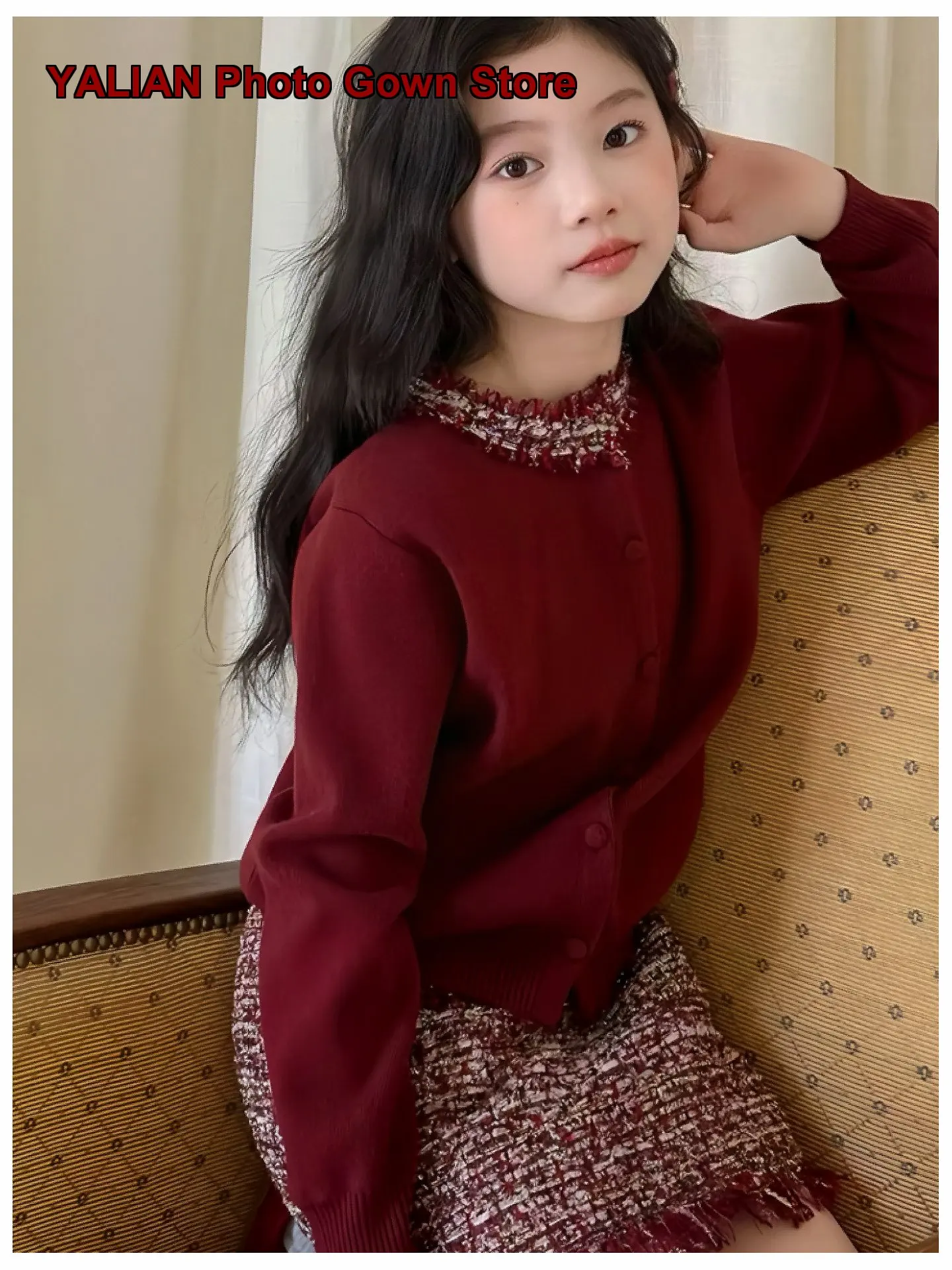Girls Knit Cardigan Set Older Kids Autumn Winter Half-Sleeved Cardigan Pleated Skirt Two-Piece Outfit for New Year