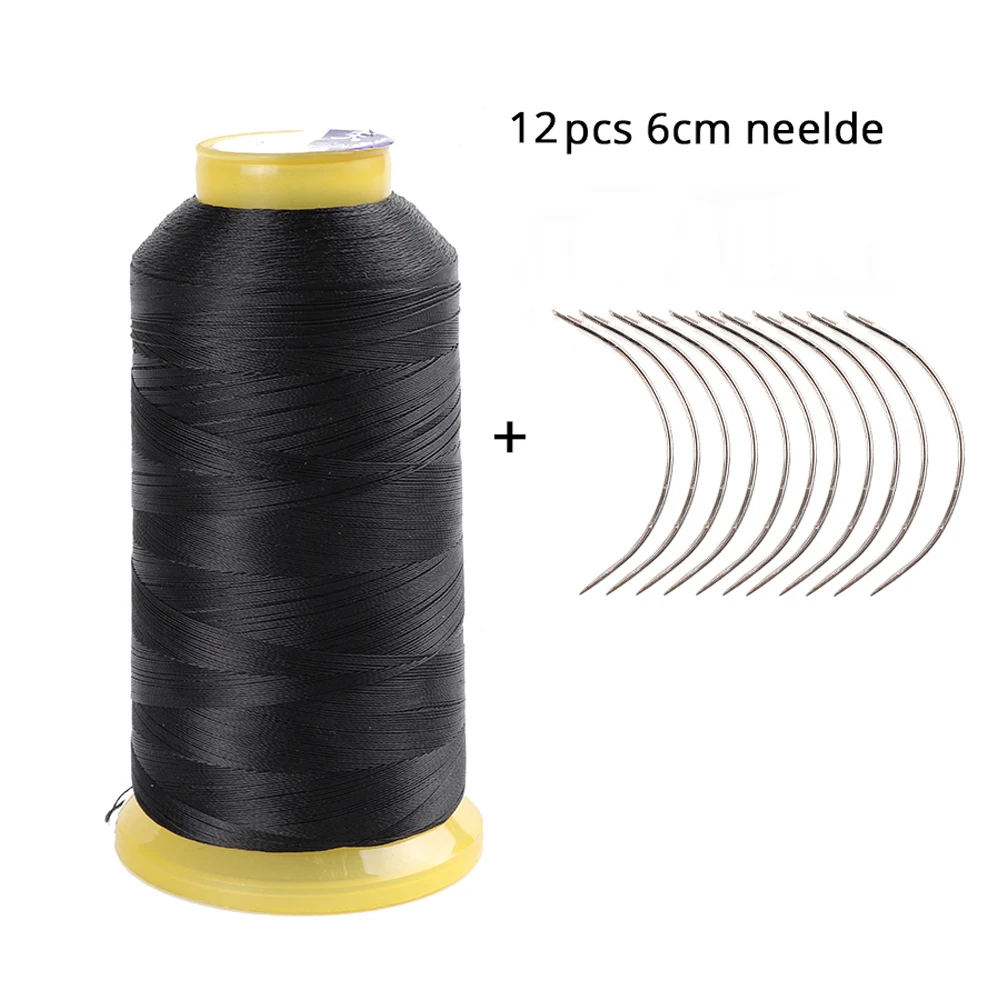 Strength Polyester Thread Sewing Thread for Making Wigs Hair Extension Kit Black Hair Weaving Thread with 12pcs C Needls