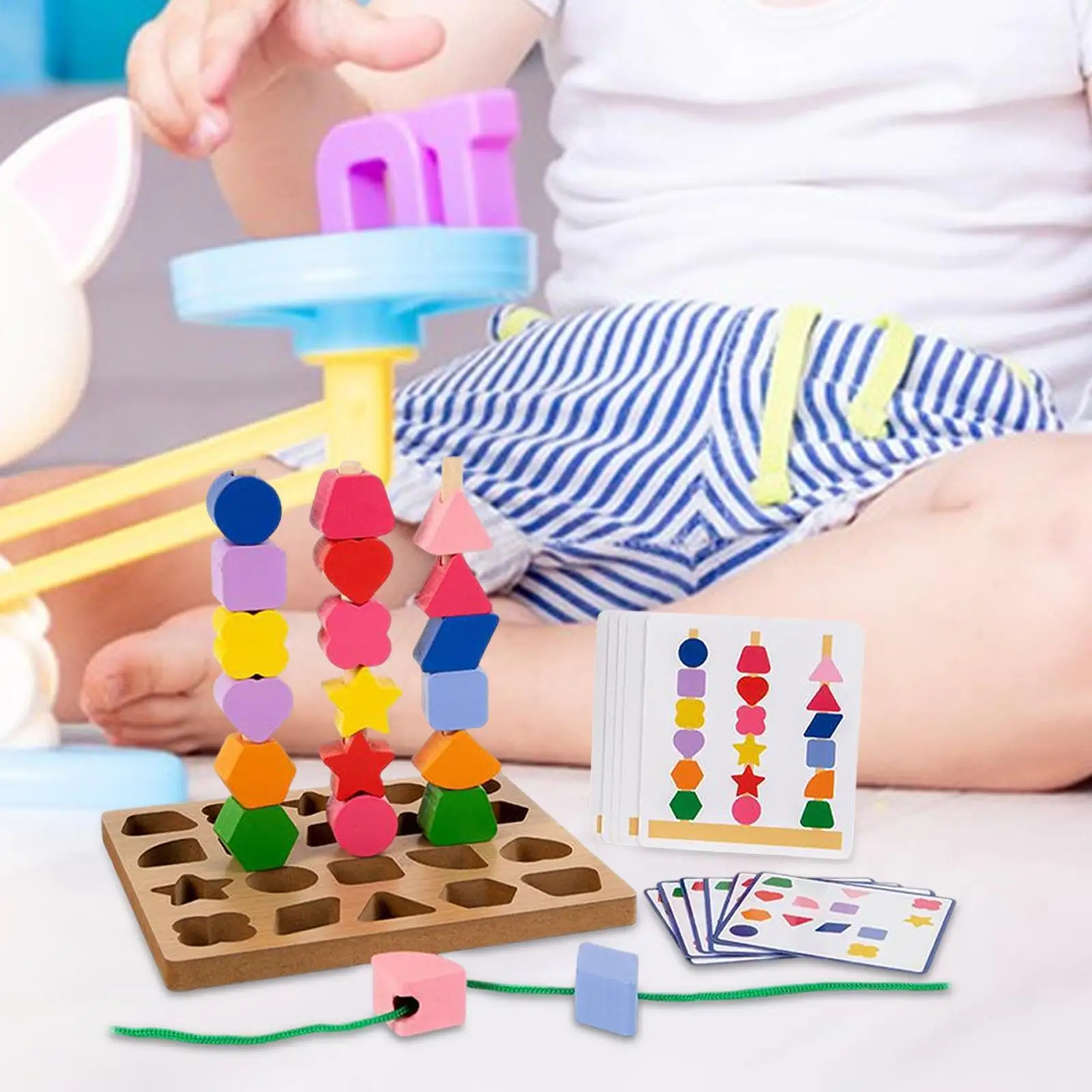 Montessori Wooden Beads Sequencing Toy Set for 2 3 4 5 Years Old Kids Baby