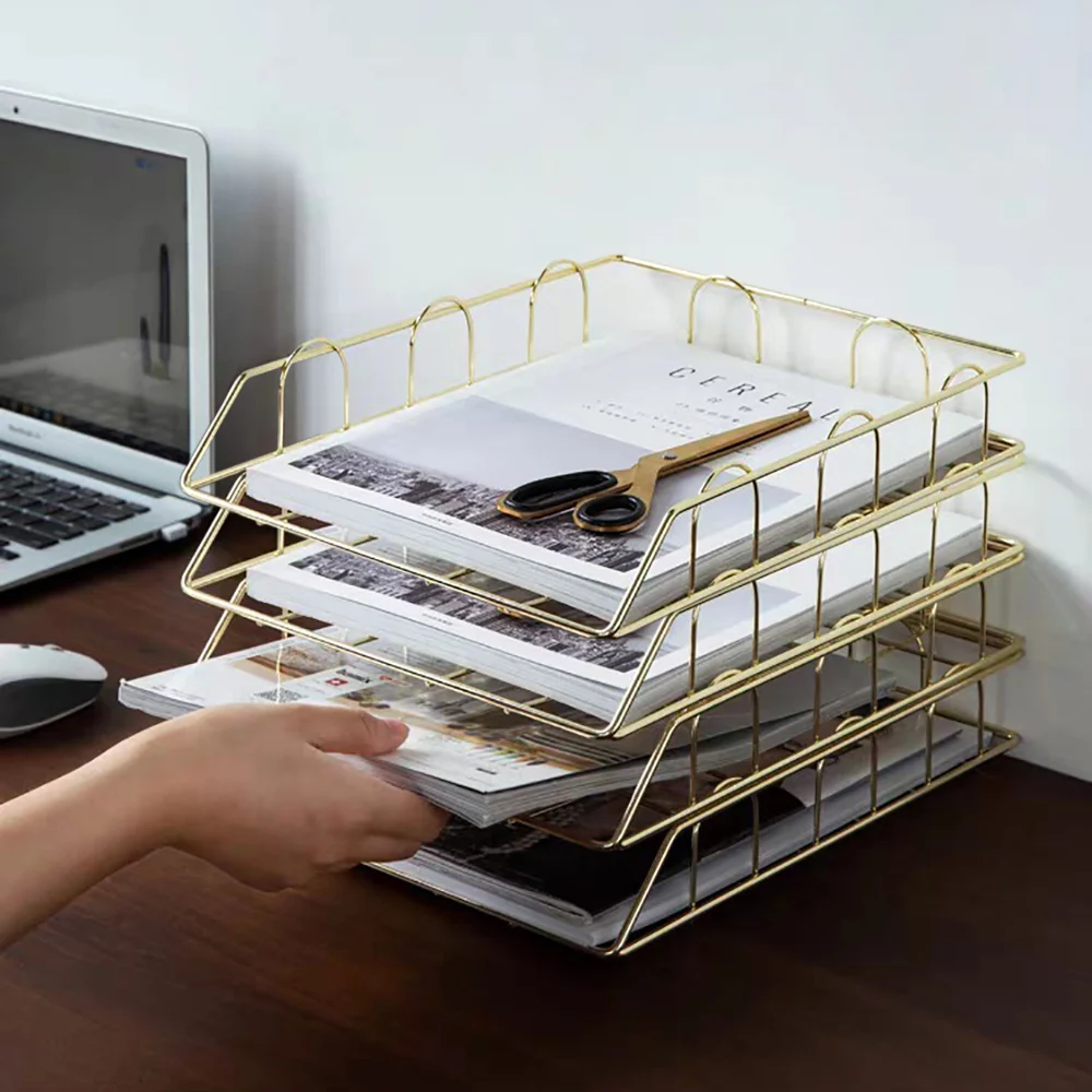 4 Packs Metal A4 Document Finishing Rack Imitation Gold Home Office Storage Rack Organizer