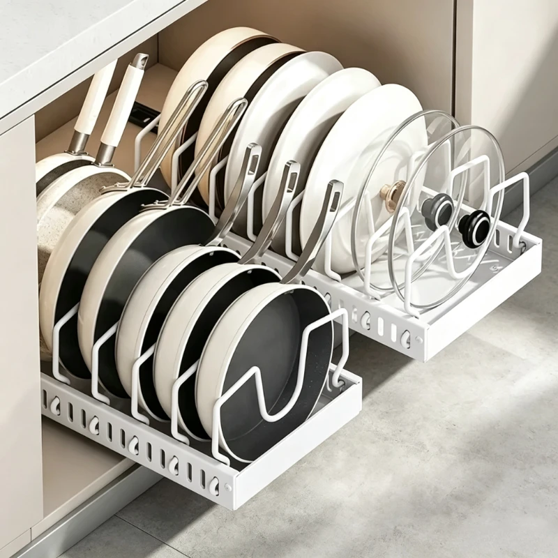Pull Out Sliding Pan Organizer No Drill Kitchen Storage Rack Holder For Cookware Frying Pan Pot Lid Plate Cabinet Organizer