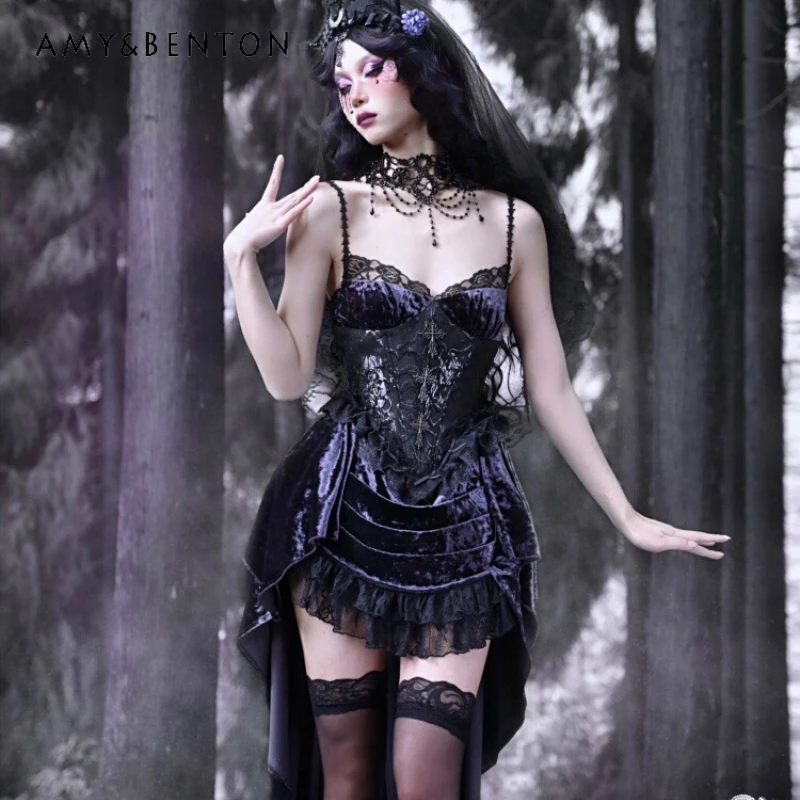 

Gothic Purple Velvet Design Lace Hollow Out Sexy Train Long Dress Original Design Heavy Craft Irregular Sling Dresses Ladies