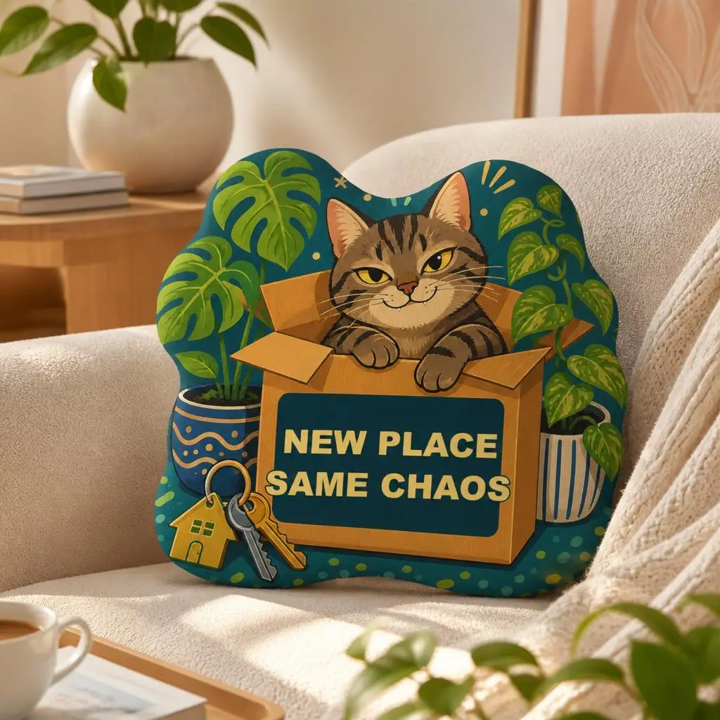 New Place Same Chaos Cat Pillow Housewarming Gift Funny Moving Day Cushion Shaped Stuffed Throw Pillow New Home Decor Plush