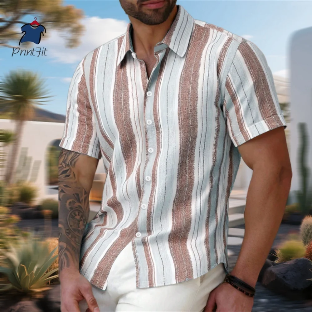 

Men's Hawaiian Shirt Vacation Striped 3d Print Shirt Short Sleeve Button Single Breasted Beach Shirts Women Blouse Breathable