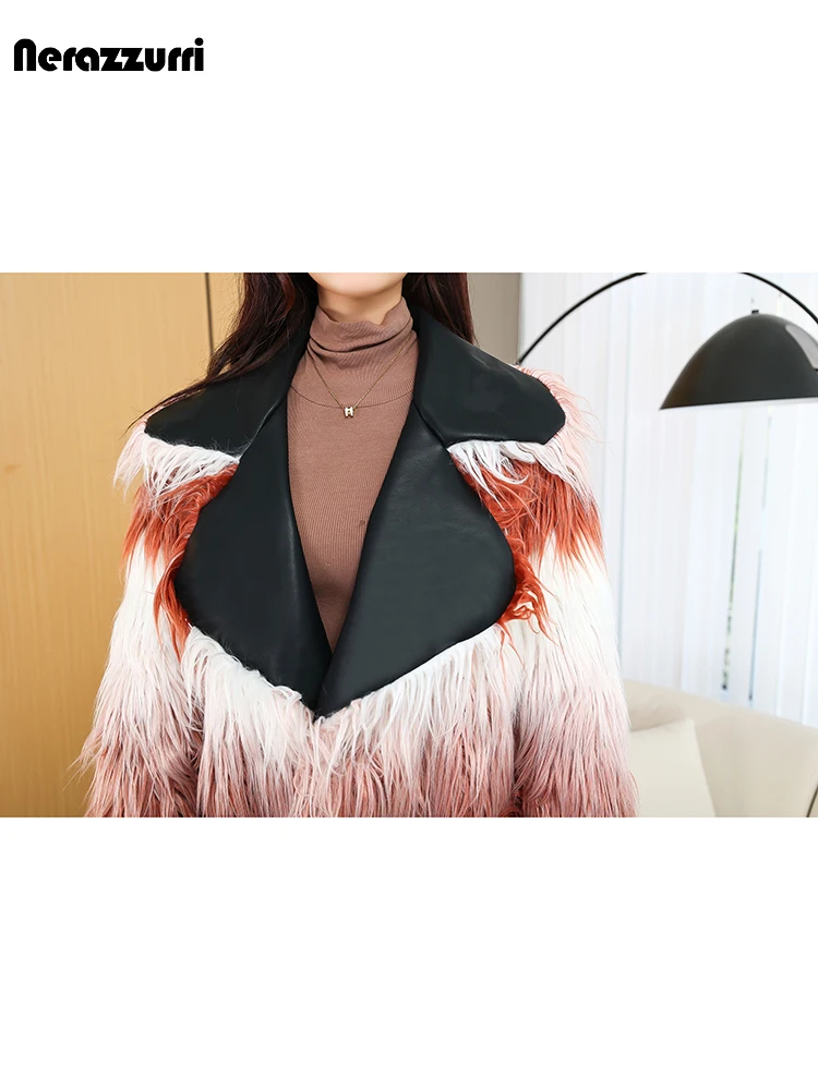 Nerazzurri Winter Long Loose Stylish Colorful Hariy Shaggy Warm Faux Mongolia Sheep Fur Coat Women with Black Pu Leather Collar