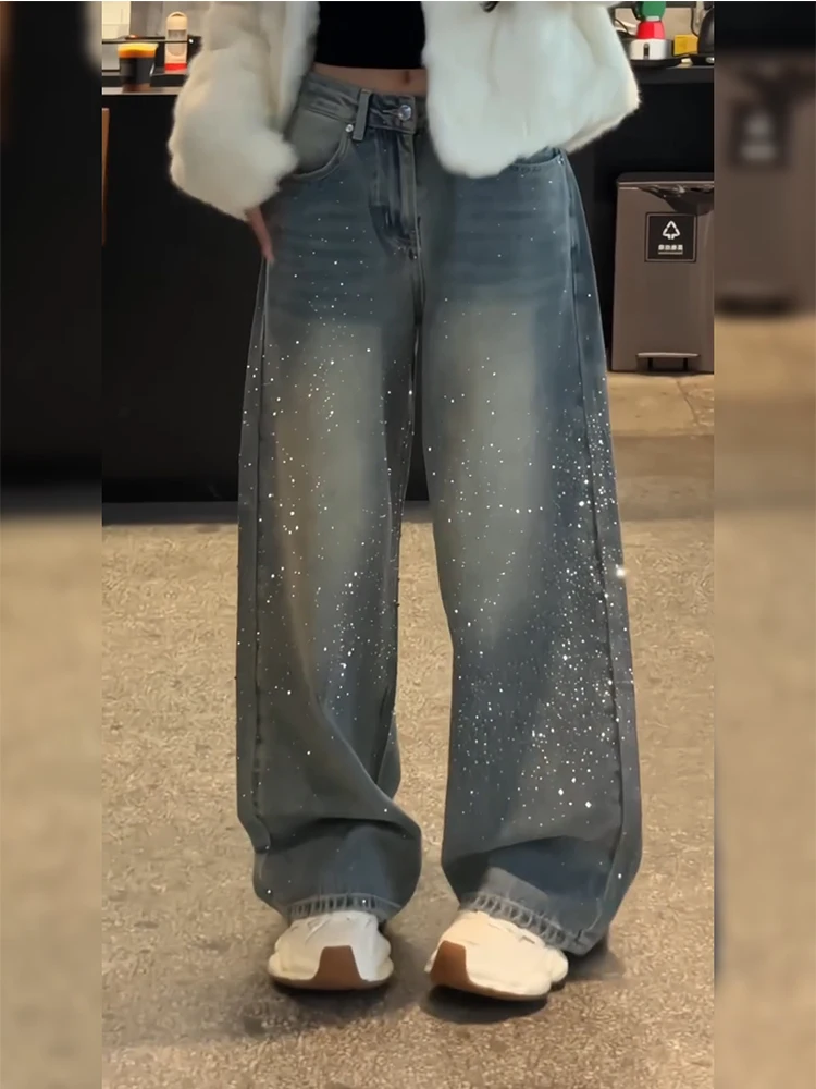 

American High Street Design Starry Diamond Splicing Jeans Women's Retro Long Pants Floor-Length Distred High Waist