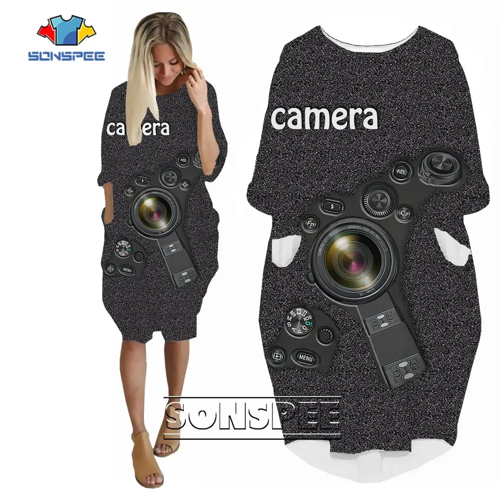 SONSPEE Hot Sale Casual Camera Punk Style 3D Printed Photograph Dress Long Sleeve Female Casual Hip Hop Street Spare Parts Robe